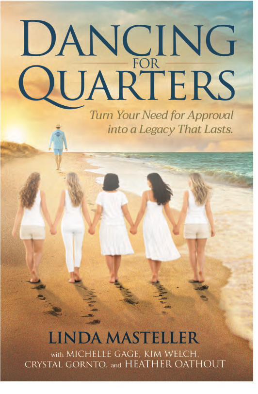 Dancing for Quarters book cover: a man walking into golden light on a beach, five women holding hands behind him