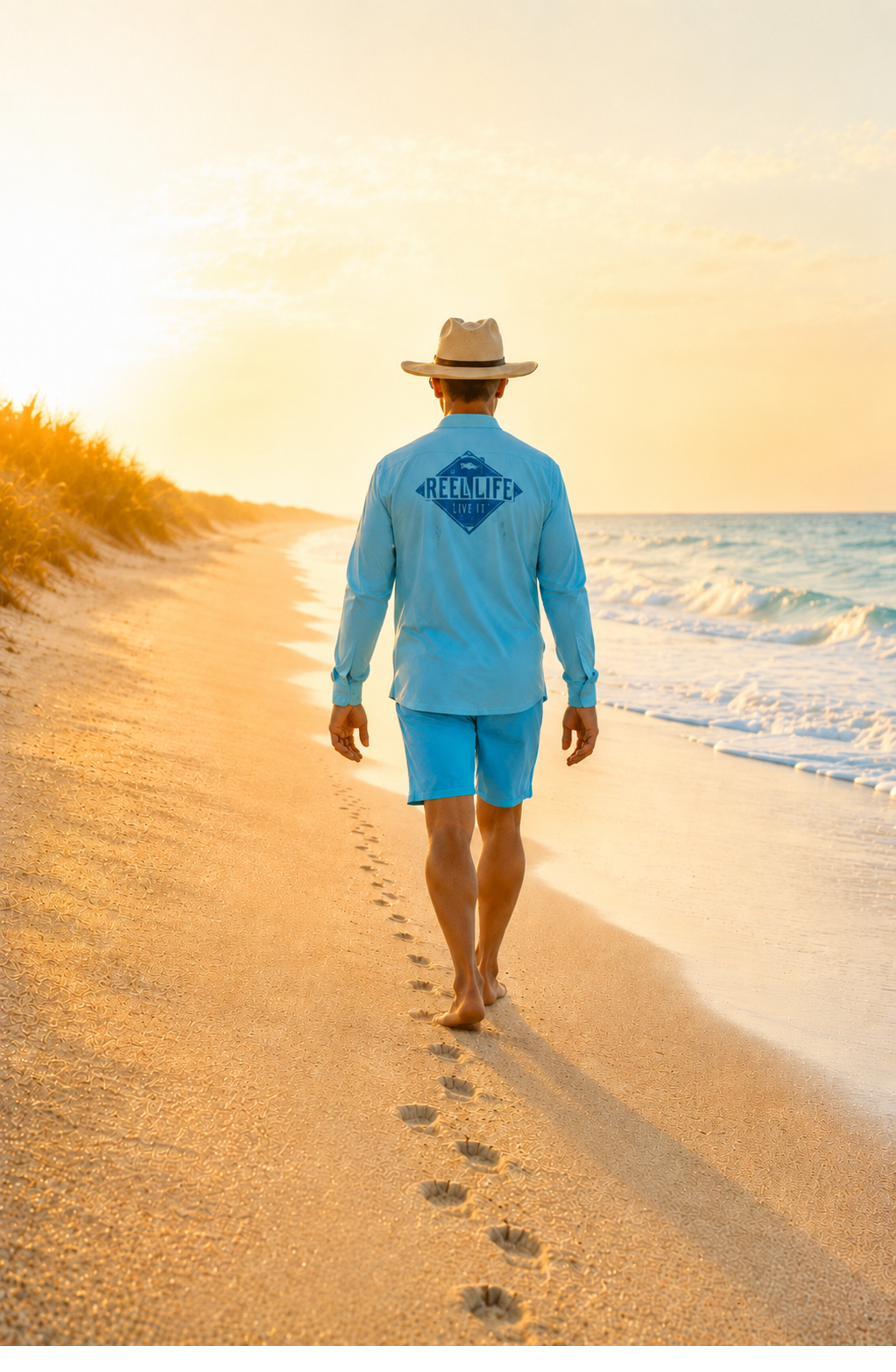A man walking alone up a beach into warm golden-hour light, footprints trailing behind him